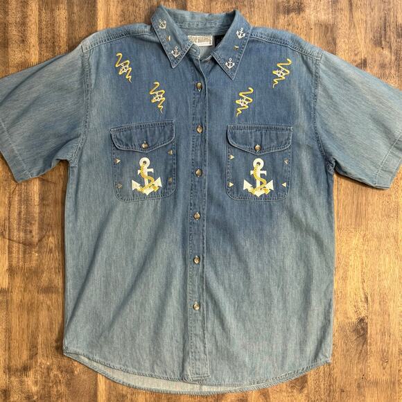 Hot Names VTG Grandmacore Anchor Rope Nautical Denim Shirt Size Unisex Medium - Picture 3 of 8